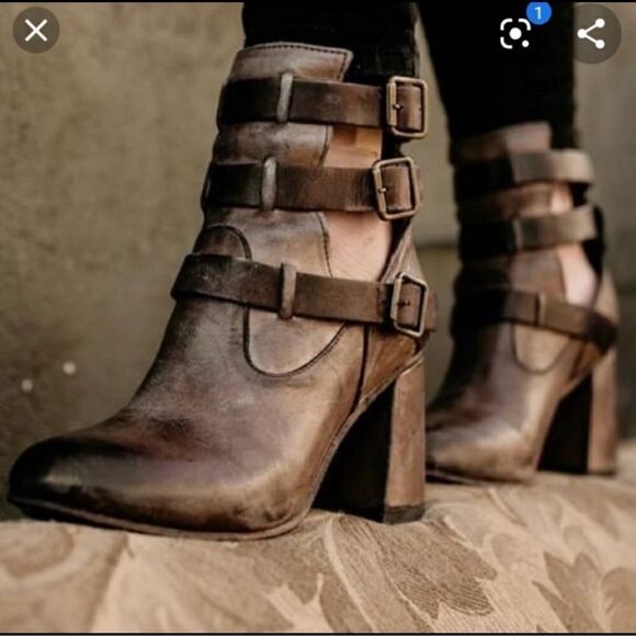 Freebird by Steven - Teddy Leather Strappy 3 Buckle Heeled Booties, Size 6 - Picture 1 of 15
